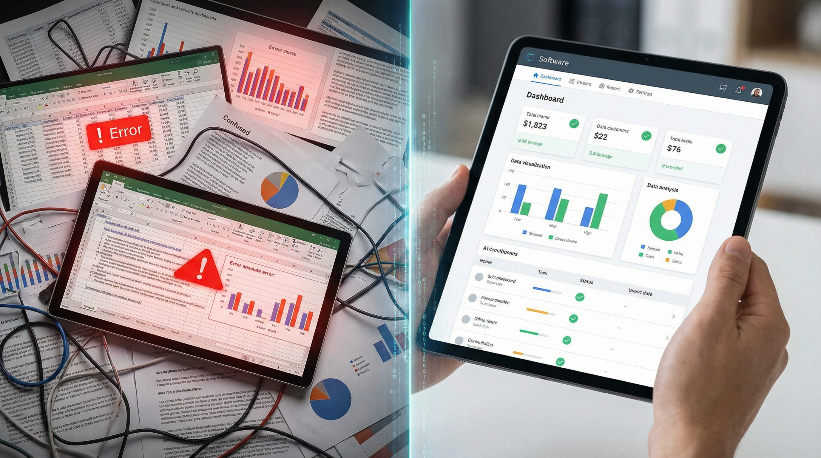 Comparison of messy spreadsheets and a clean software dashboard
