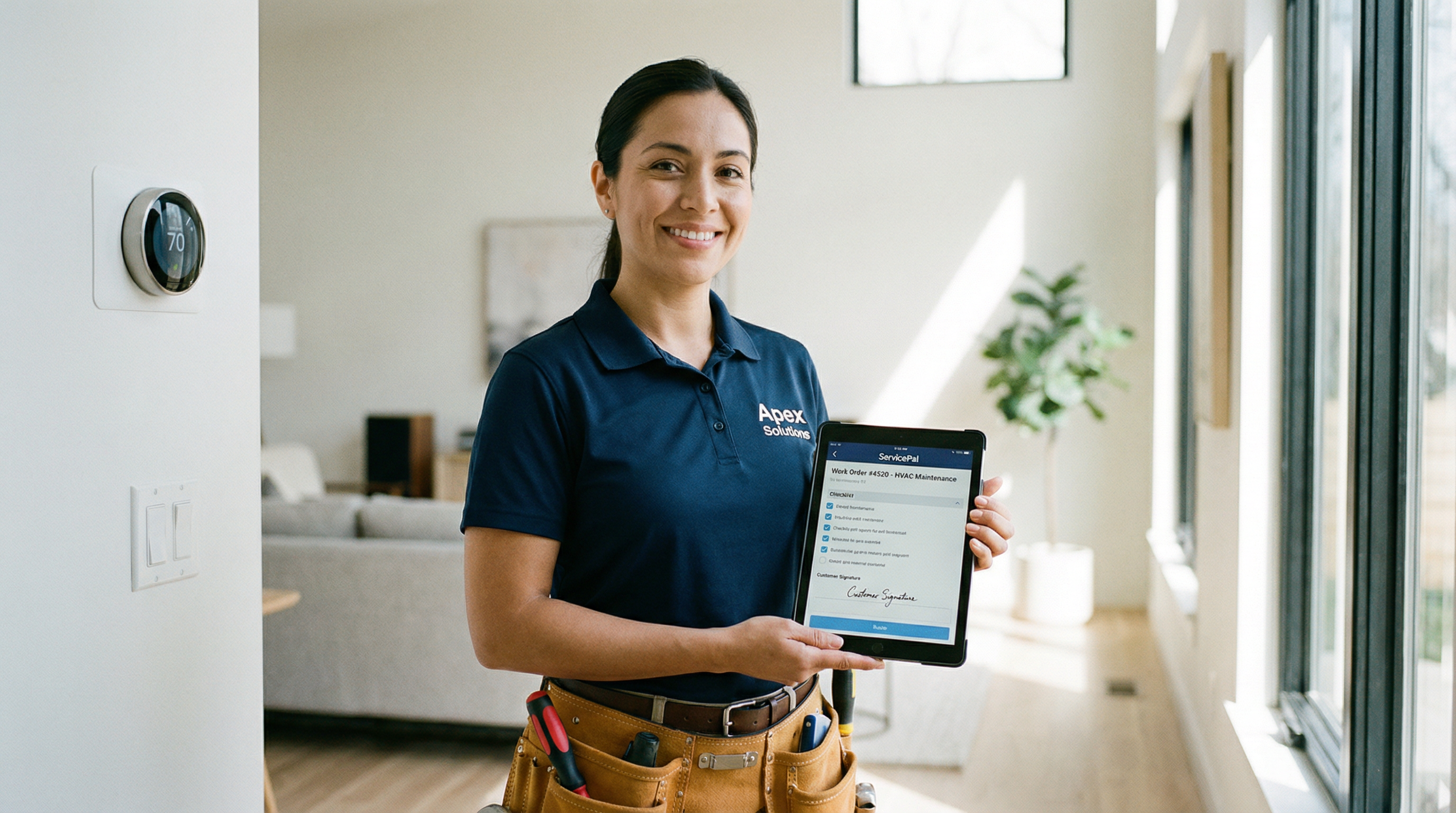 Field service technician using a tablet with management software
